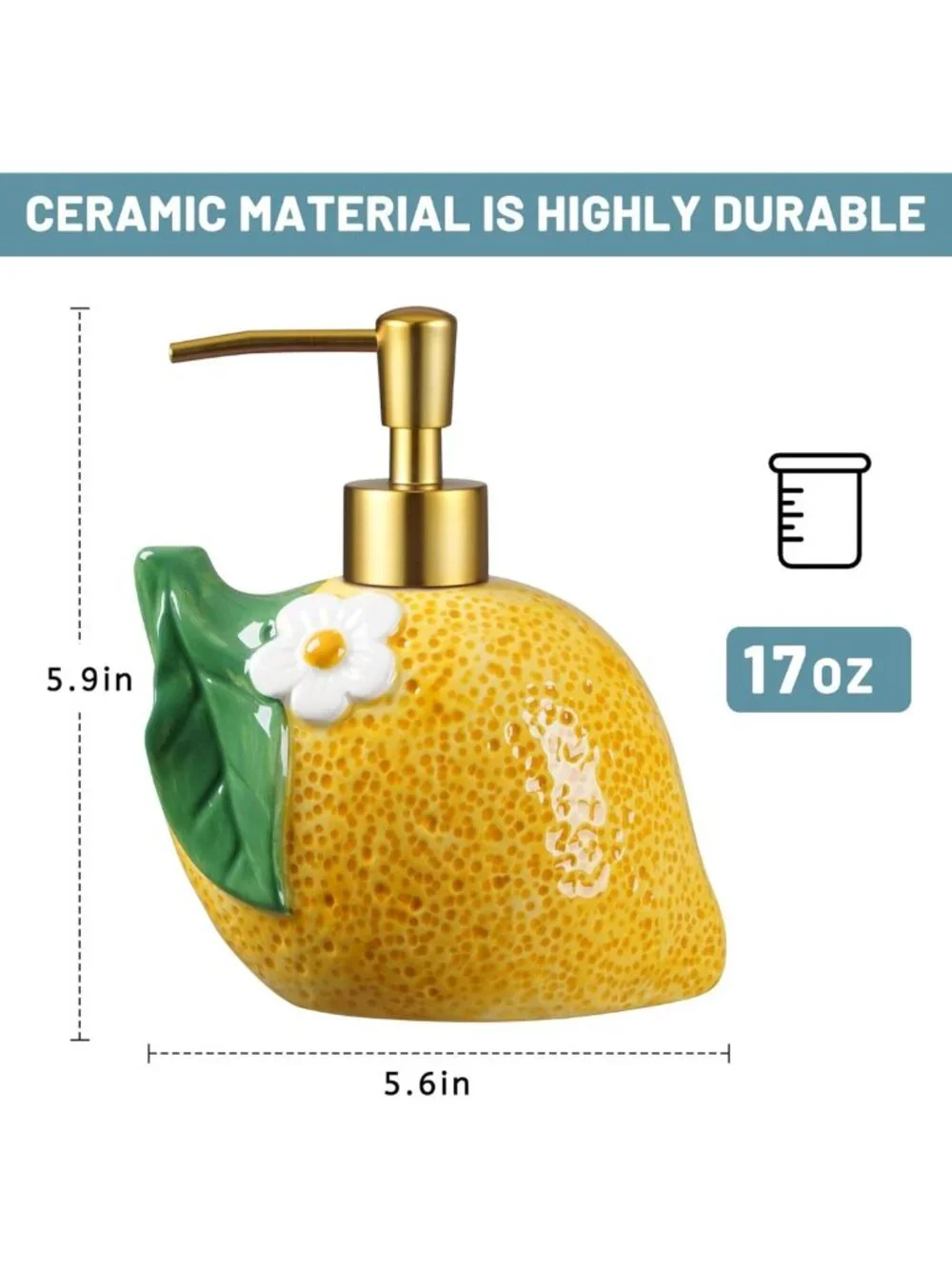 17 OZ Refillable Ceramic Soap Dispenser - Cute Bathroom & Kitchen Pump for